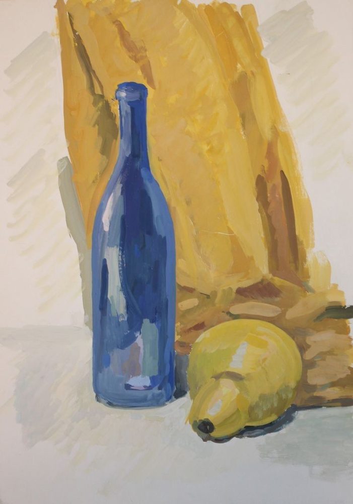 Натюрморт с бутылкой и лимоном, живопись — работа ученика студии Art Life